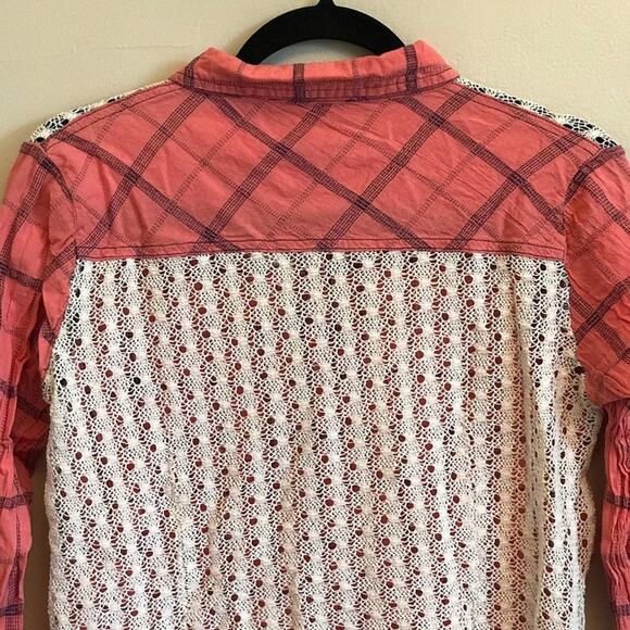 Miss Me M long sleeve open back blouse plaid lace - Picture 7 of 8